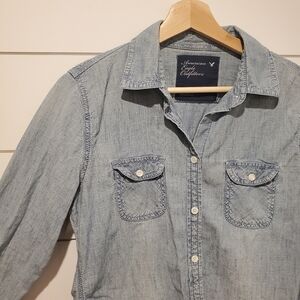 American Eagle Medium denim Button Long Sleeve Shirt Cotton Blue Jean Western
